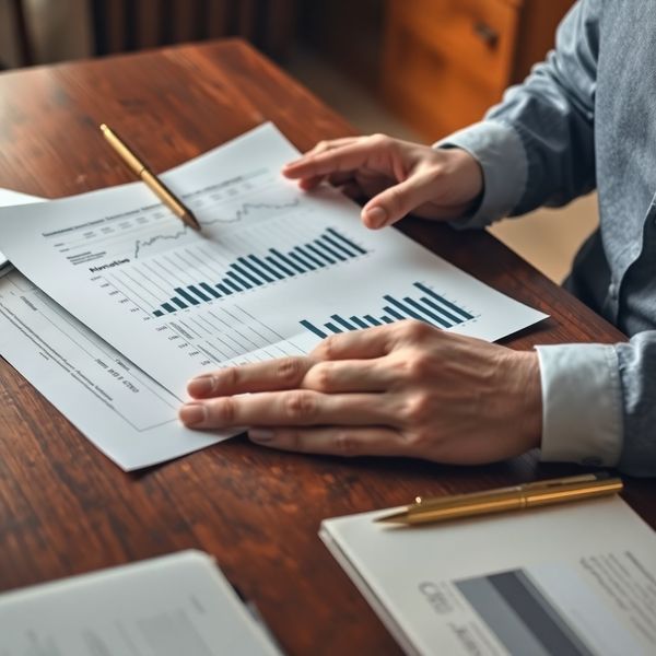 Prim-plan cu mâini examinând un raport financiar tipărit