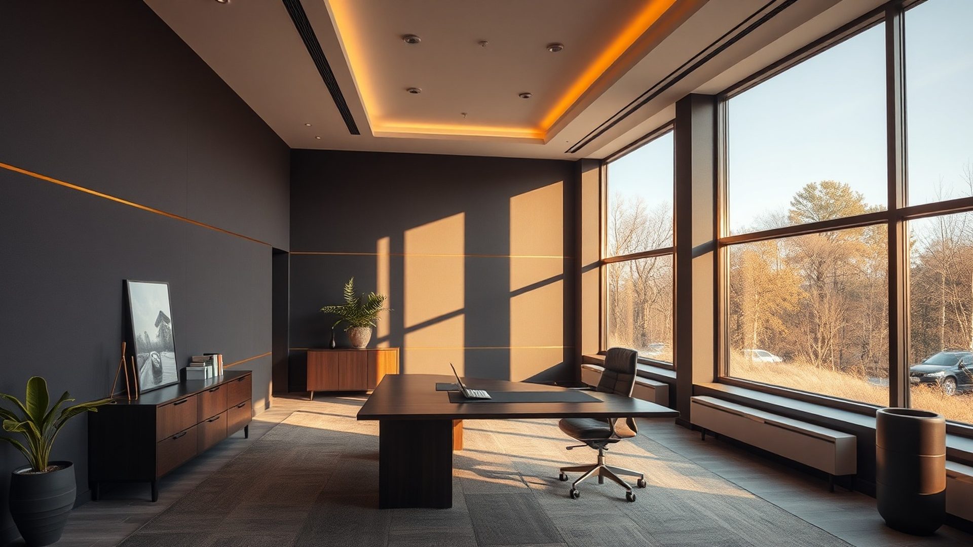 Interior de birou modern cu tonuri de cărbune și aur în Brașov